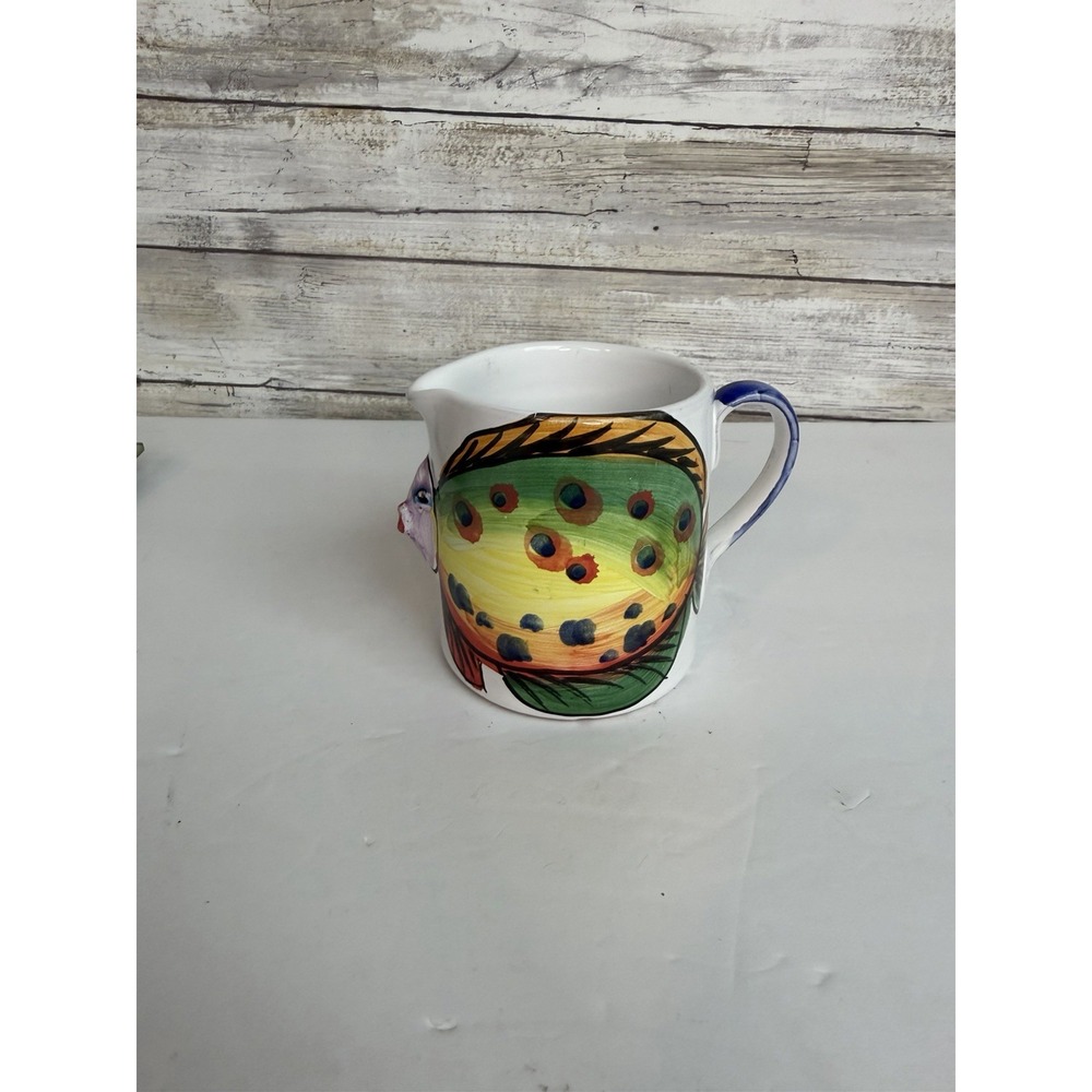 Vietri Kissing Fish Creamer Blue/Floral Stoneware Italy 3"
